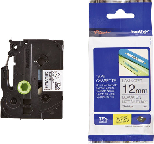 Brother TZe-M931 12mm  Black on Matte Silver  TZe tape for P-touch Label Printers