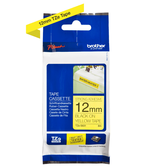 Brother TZe-S631 12mm Black on Yellow Strong   TZe tape for P-touch Label Printers